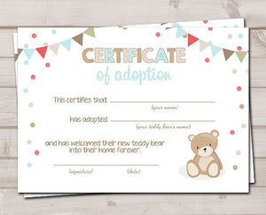 Teddy Bear Adoption Certificate Teddy Bear Birthday Teddy Bear Picnic Decor Boy Blue Adopt a Teddy Instant Download Digital PRINTABLE 0100