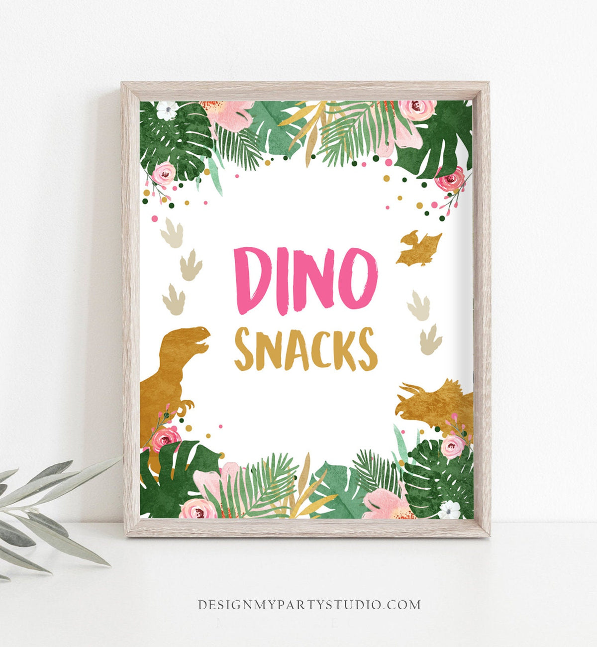 Dino Snacks Sign Table Decor Dinosaur Sign Dino Food Sweet Table Prehistoric Party Girl Pink Gift Table Jungle Leaves Sign Printable 0146