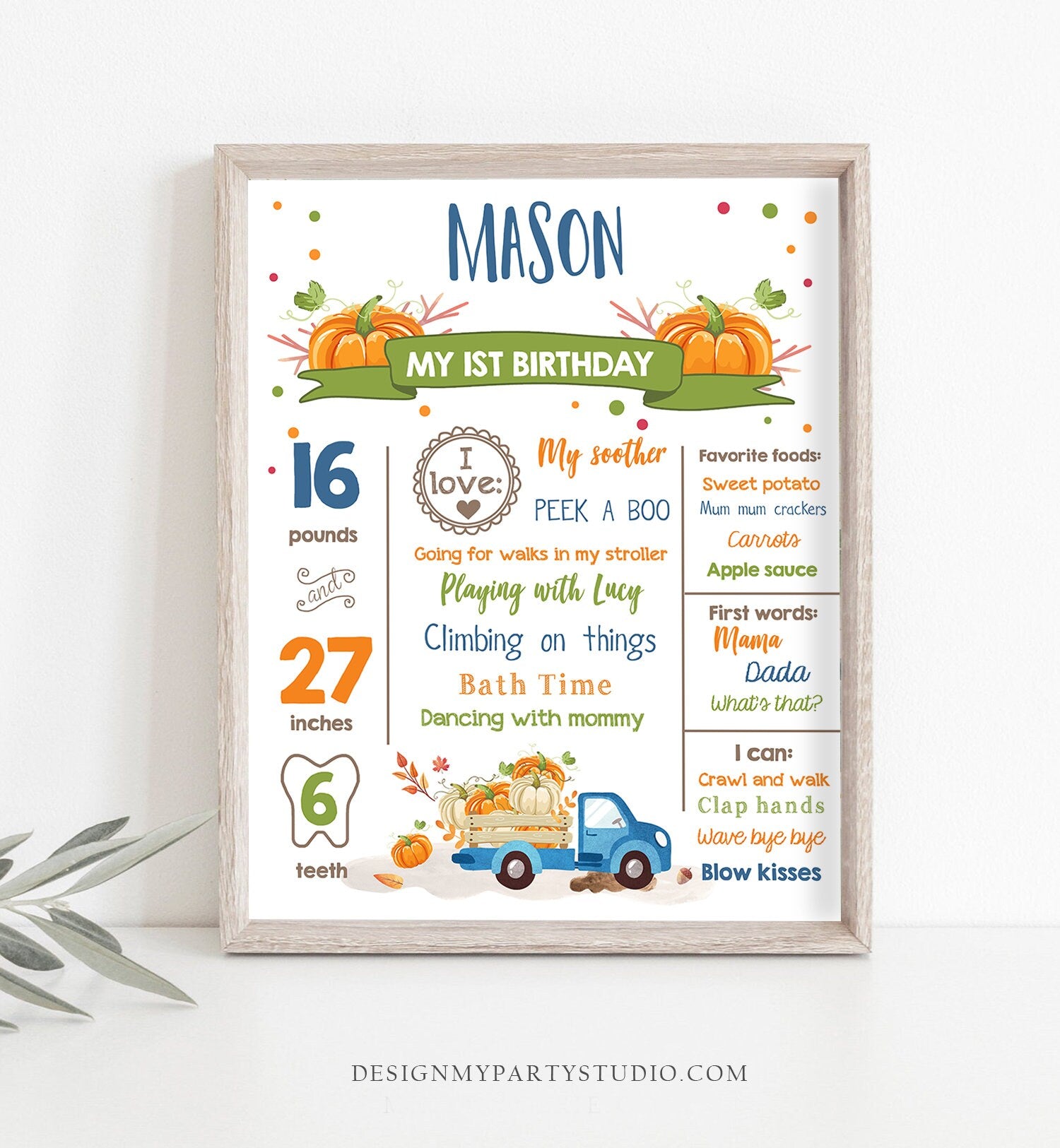 Editable Pumpkin Birthday Milestones Sign Pumpkin Truck Birthday First Birthday Boy Fall Blue Autumn Download Corjl Template Printable 0153