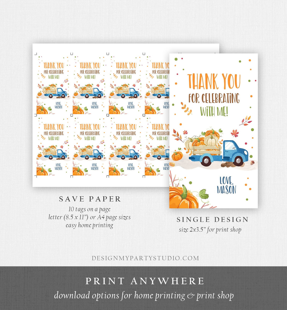Editable Pumpkin Favor Tag Pumpkin Truck Thank You Tag Fall Autumn Label Pumpkin Birthday Blue Fall Harvest Corjl Template Printable 0153