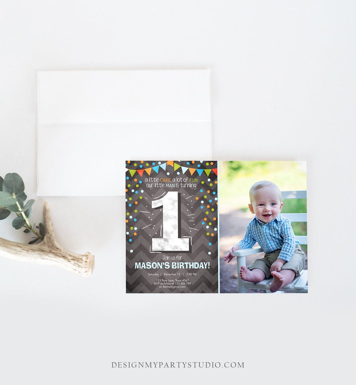 Editable First Birthday Invitation Boy One Green Blue Chalk Confetti Boy 1st Birthday Digital Download Template Evite Printable 0071
