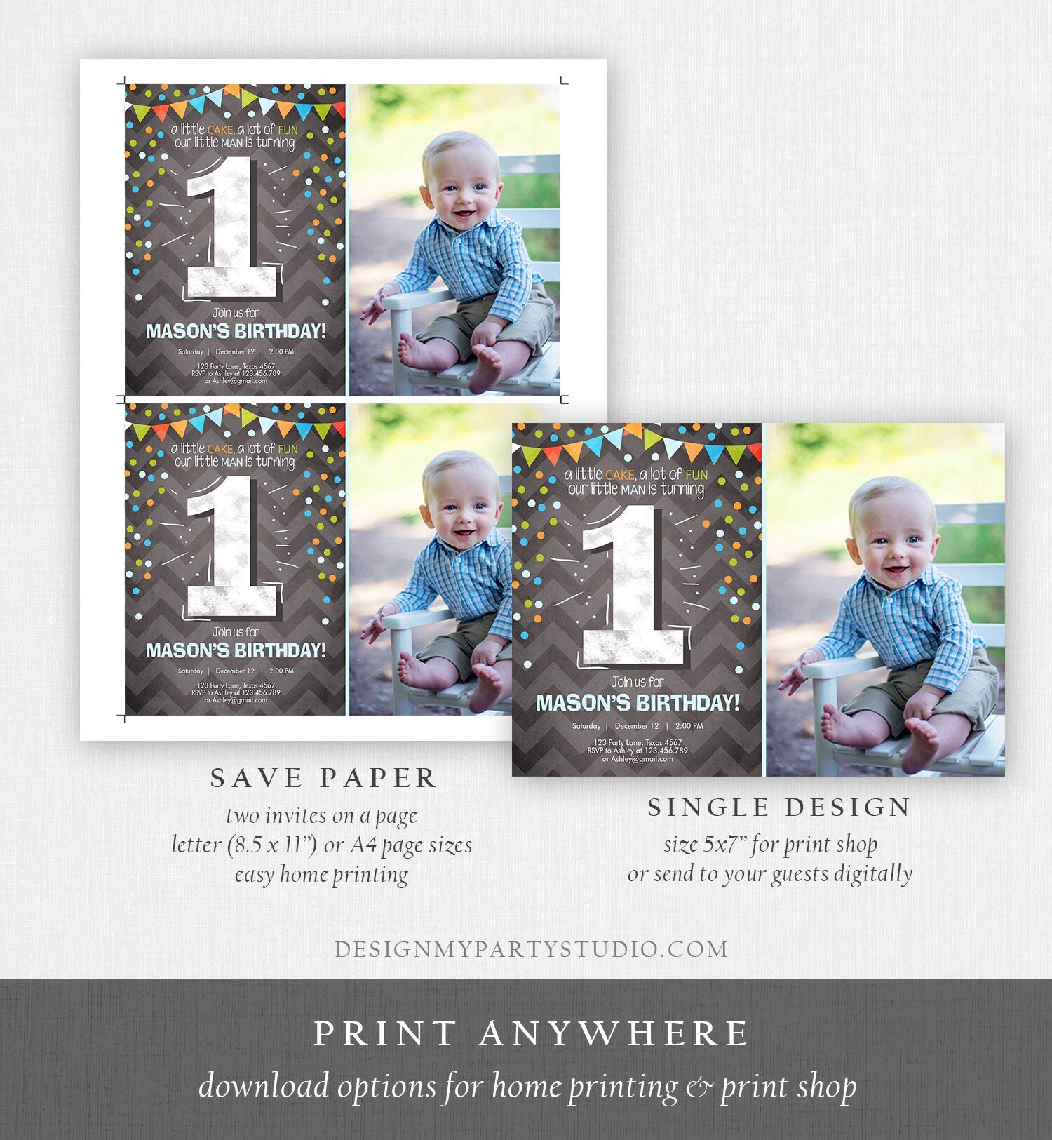 Editable First Birthday Invitation Boy One Green Blue Chalk Confetti Boy 1st Birthday Digital Download Template Evite Printable 0071