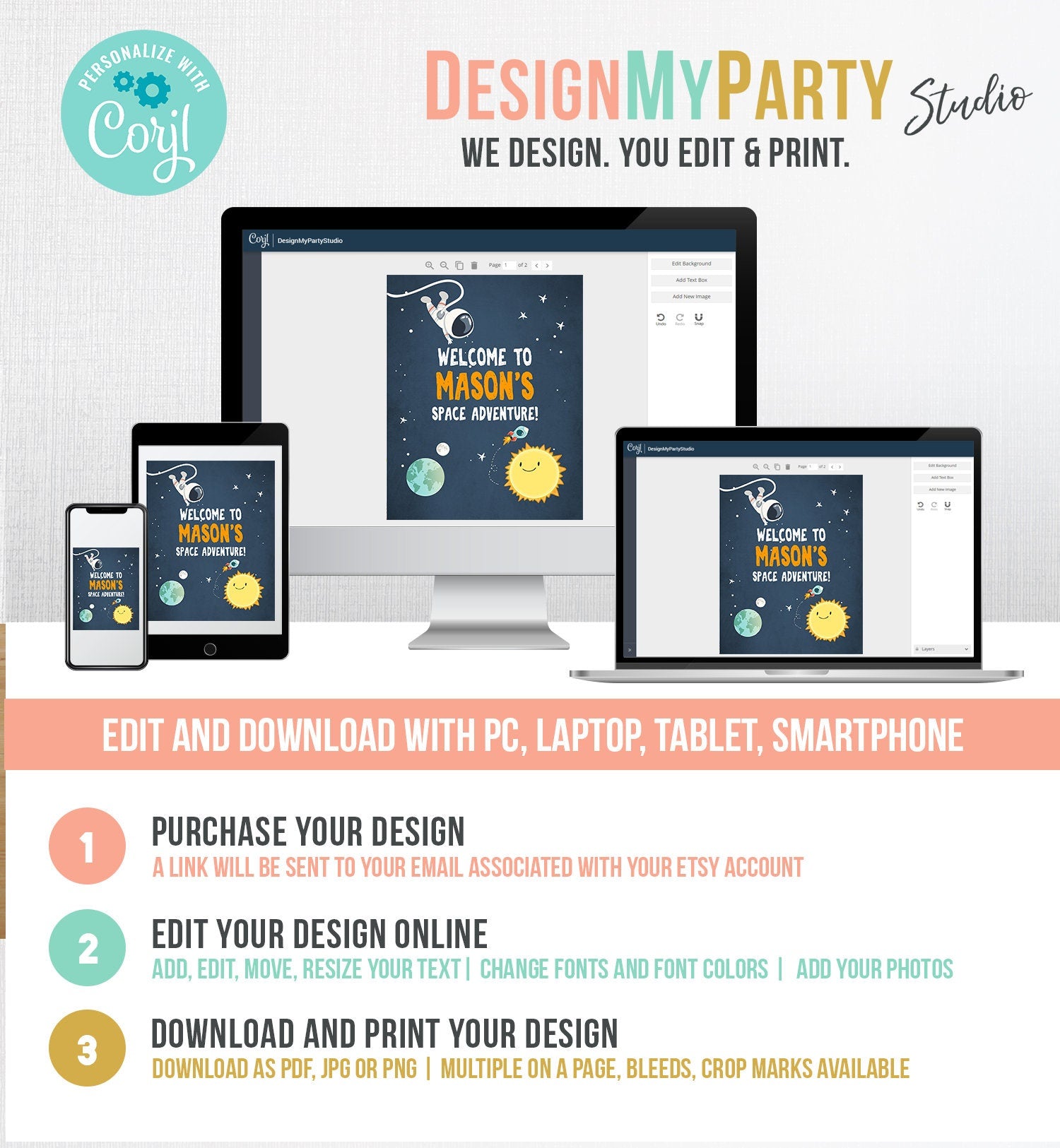 Editable Outer Space Astronaut Welcome Sign Birthday Baby Shower Welcome 1st Birthday Boy Space Adventure Template PRINTABLE Corjl 0046