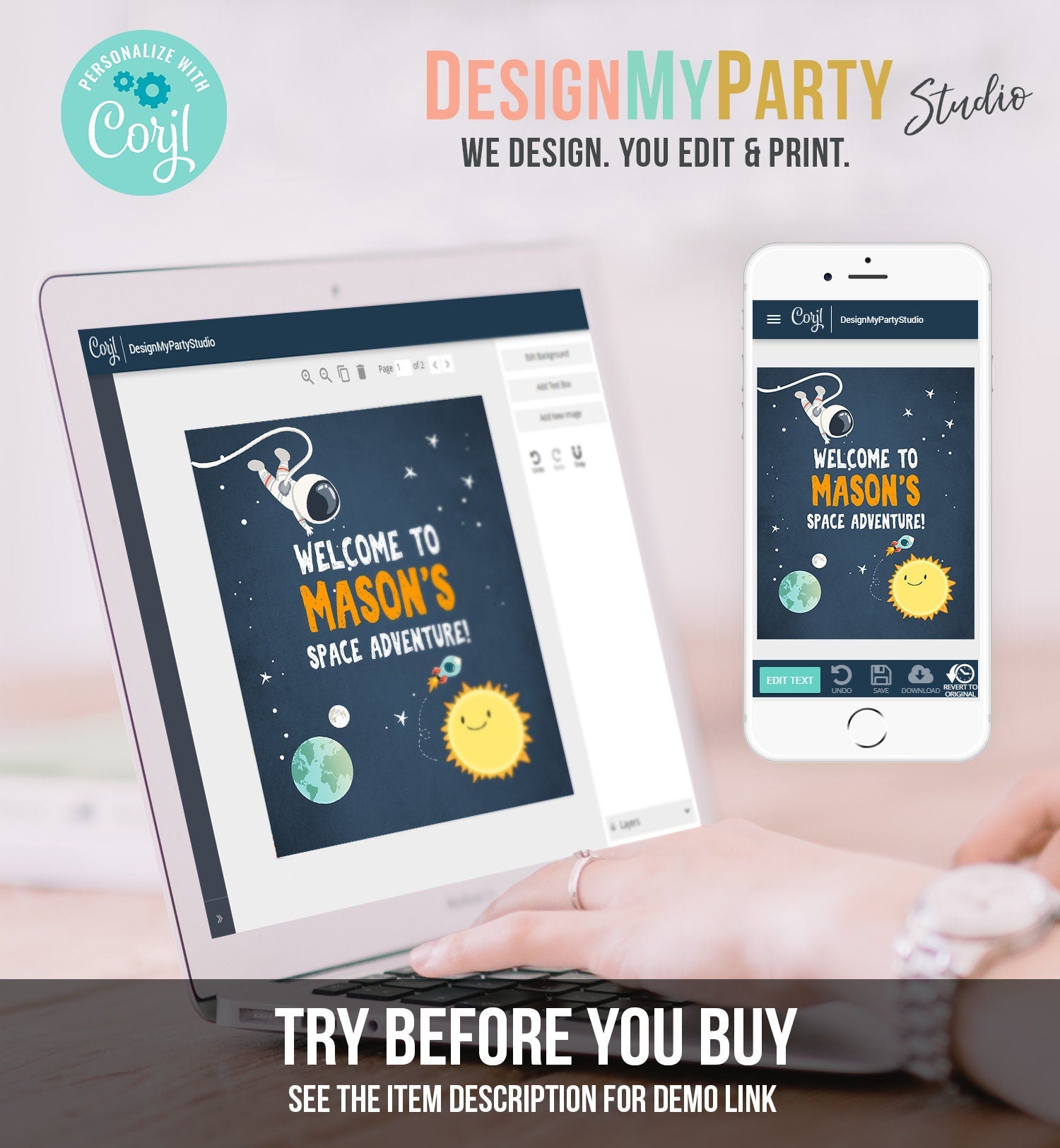 Editable Outer Space Astronaut Welcome Sign Birthday Baby Shower Welcome 1st Birthday Boy Space Adventure Template PRINTABLE Corjl 0046