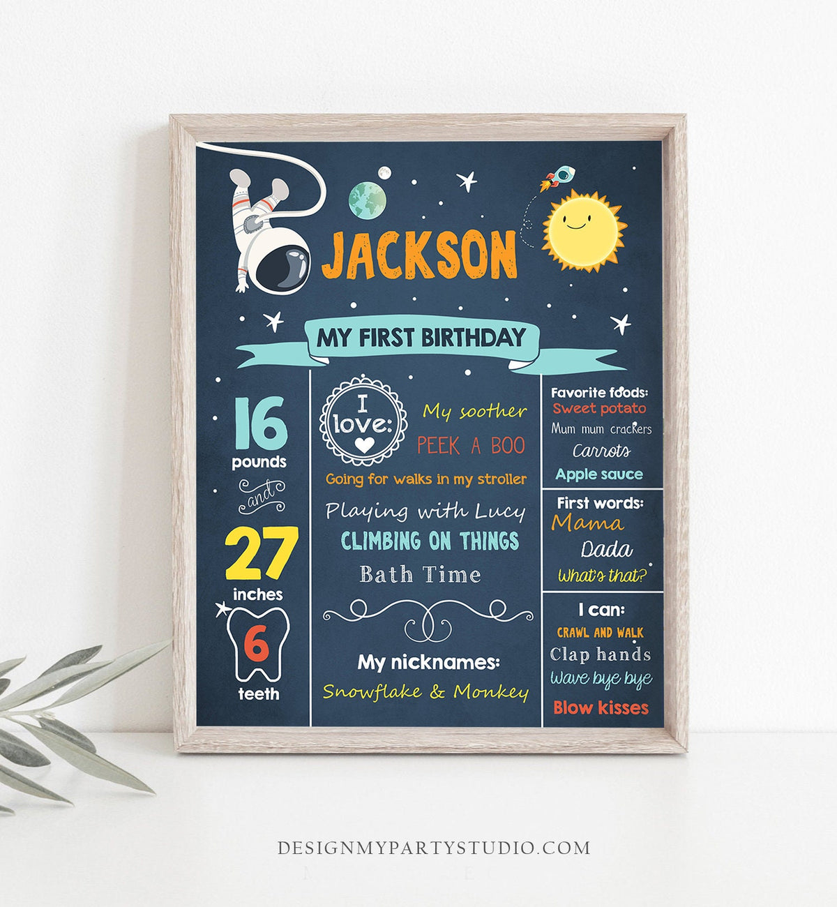 Editable Outer Space Birthday Milestones Sign Astronaut Birthday Chalkboard Boy 1st Birthday Space Rocket Corjl Template Printable 0046