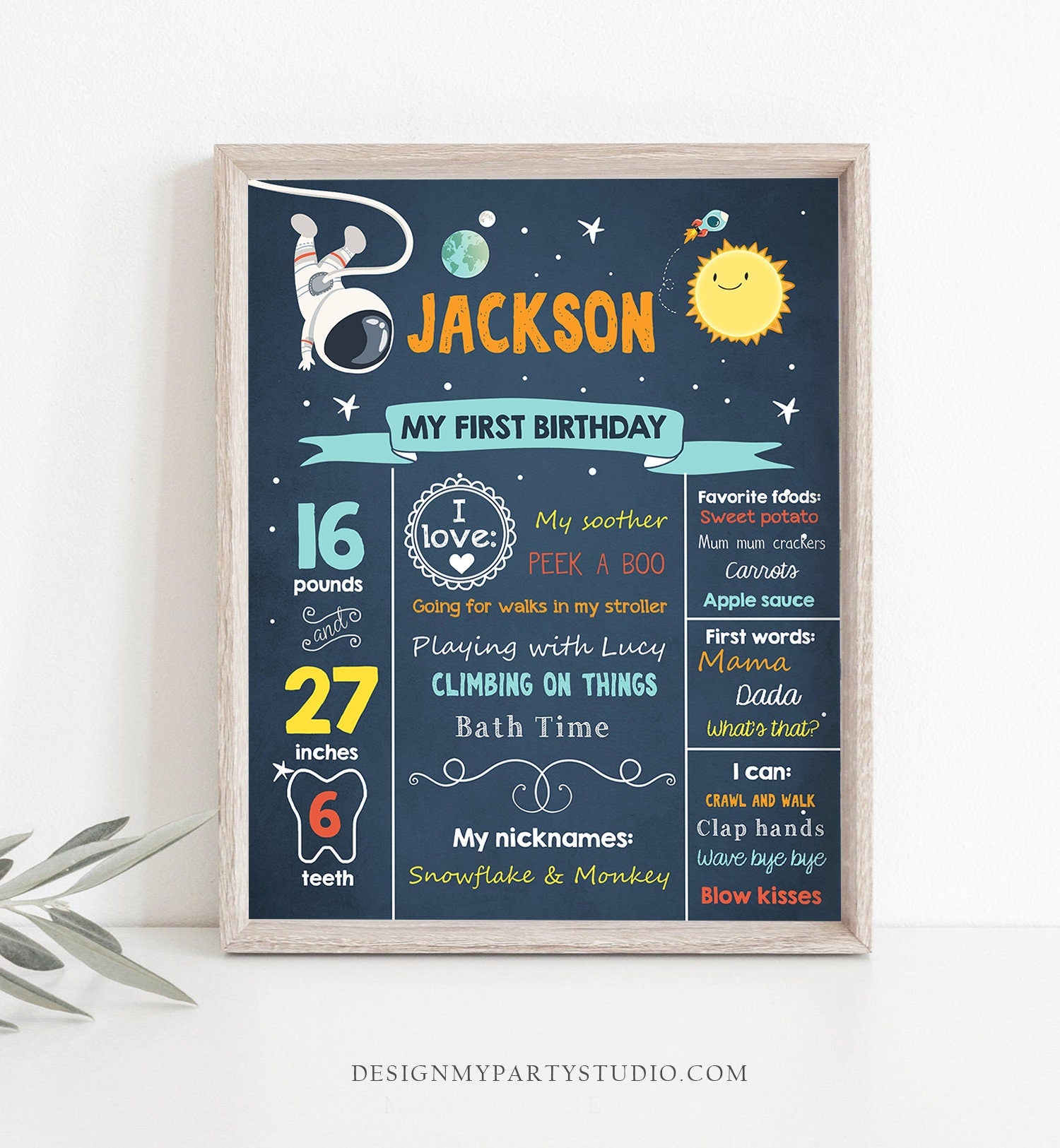 Editable Outer Space Birthday Milestones Sign Astronaut Birthday Chalkboard Boy 1st Birthday Space Rocket Corjl Template Printable 0046