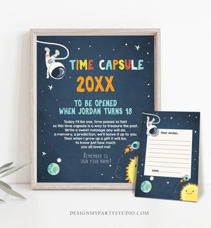 Editable Outer Space Time Capsule First Birthday Party Astronaut Rocket Space Birthday Party Boy Guestbook Template Printable Corjl 0046