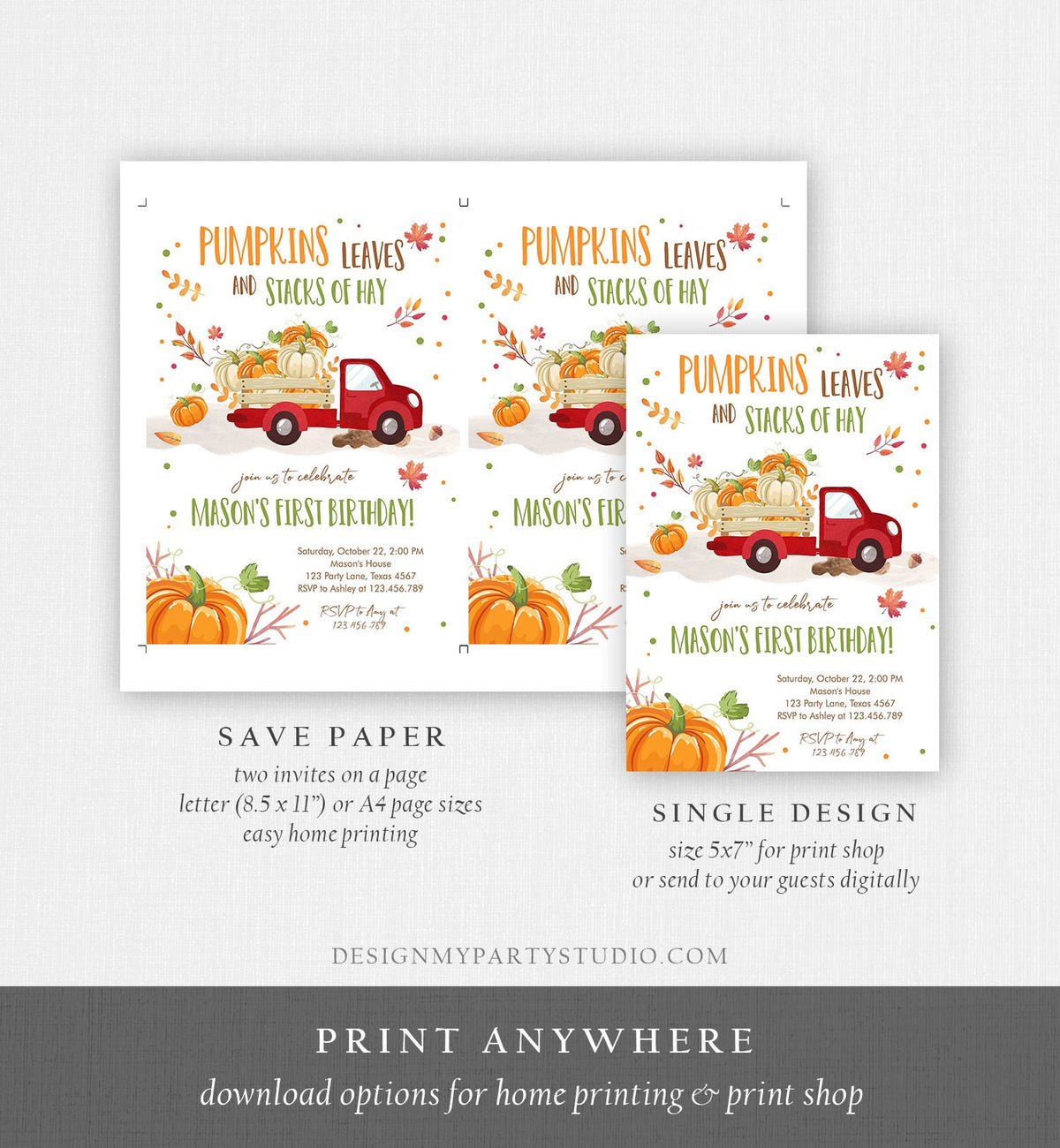 Editable Pumpkin Birthday Invitation Boy Fall Pumpkin Truck Birthday Party Red Orange Green Download Evite Corjl Template Printable 0153