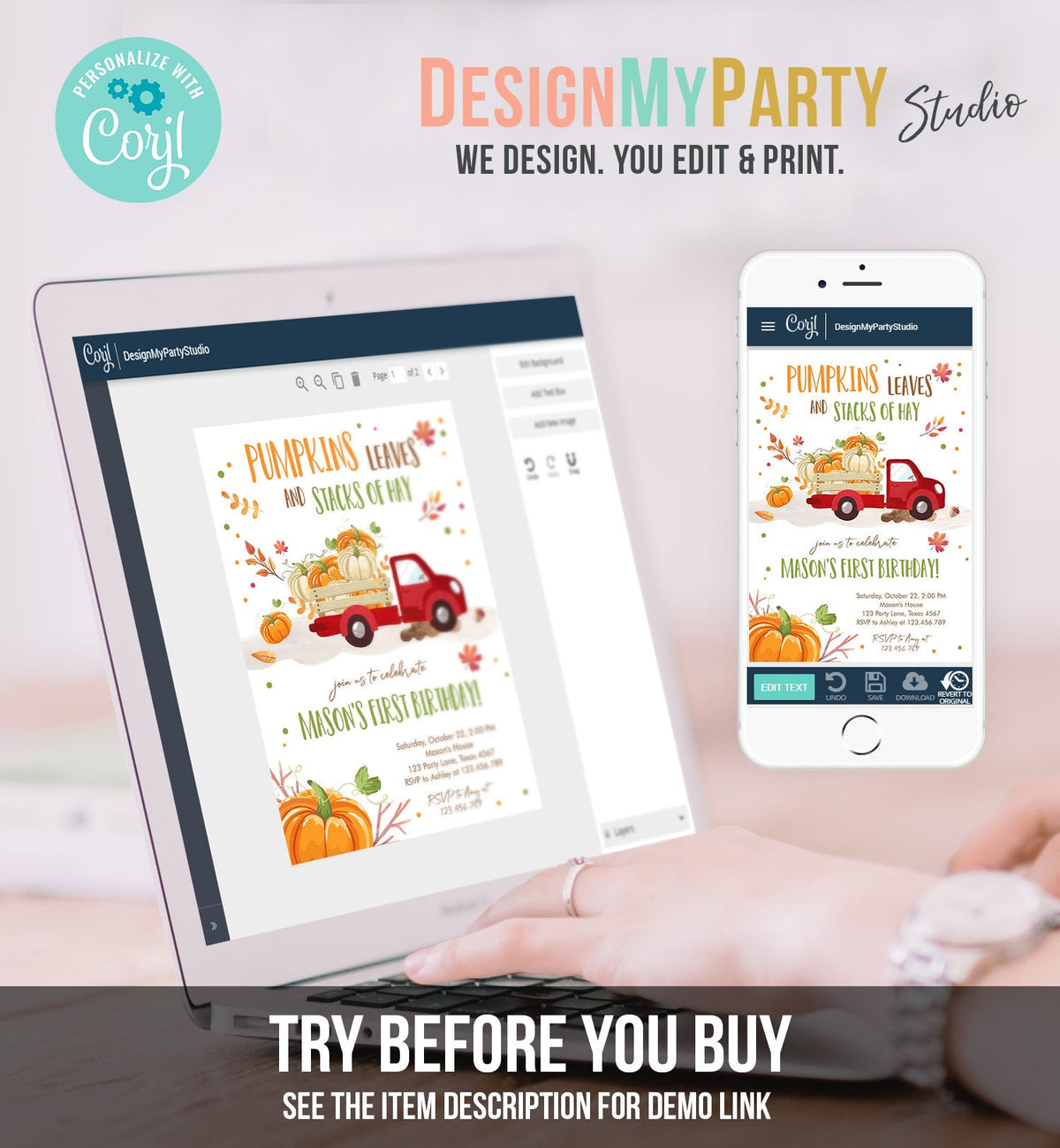Editable Pumpkin Birthday Invitation Boy Fall Pumpkin Truck Birthday Party Red Orange Green Download Evite Corjl Template Printable 0153