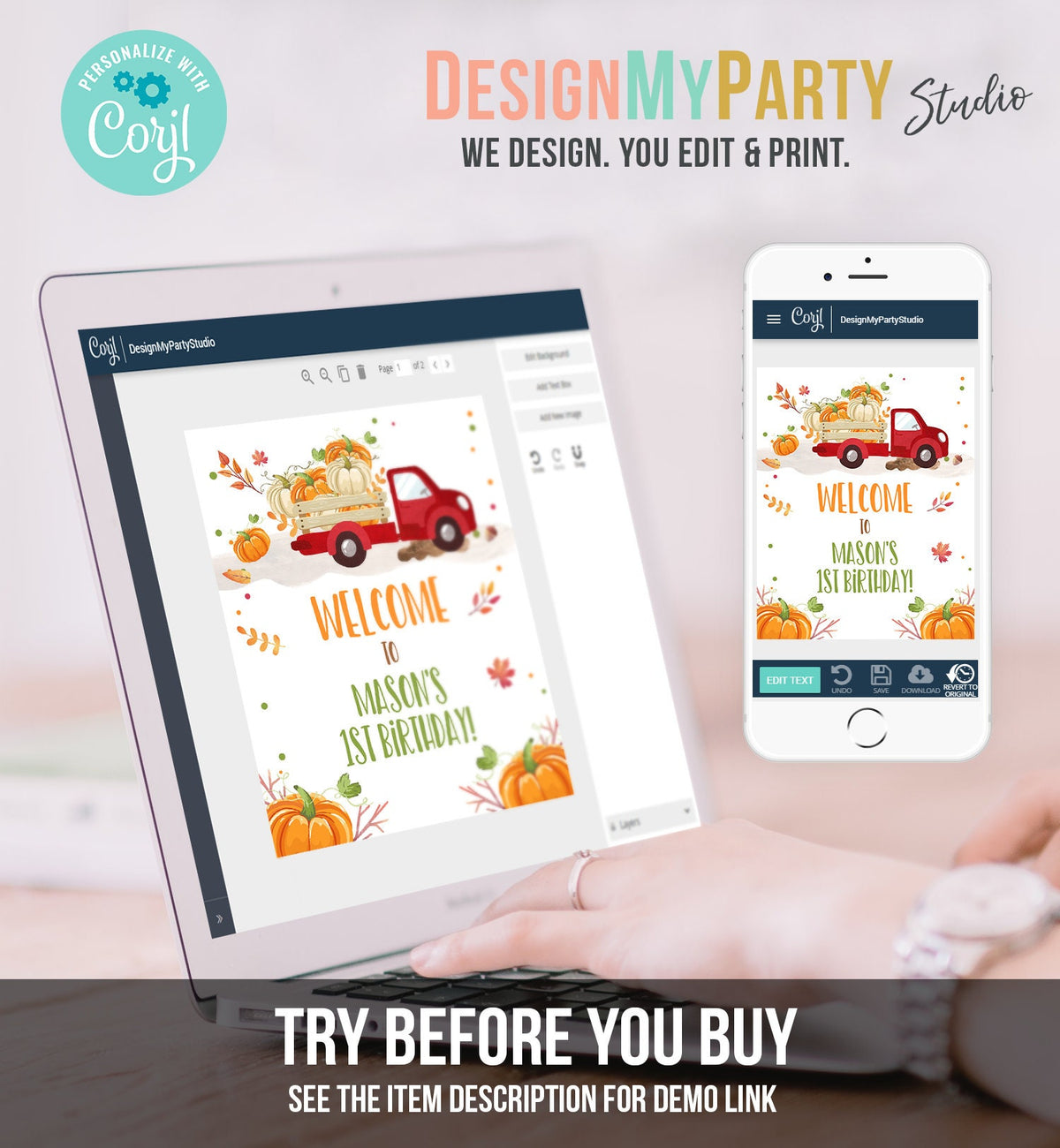 Editable Pumpkin Welcome Sign Pumpkin Truck Birthday Fall Baby Shower Fall Party Welcome 1st Birthday Boy Corjl Template Printable 0153