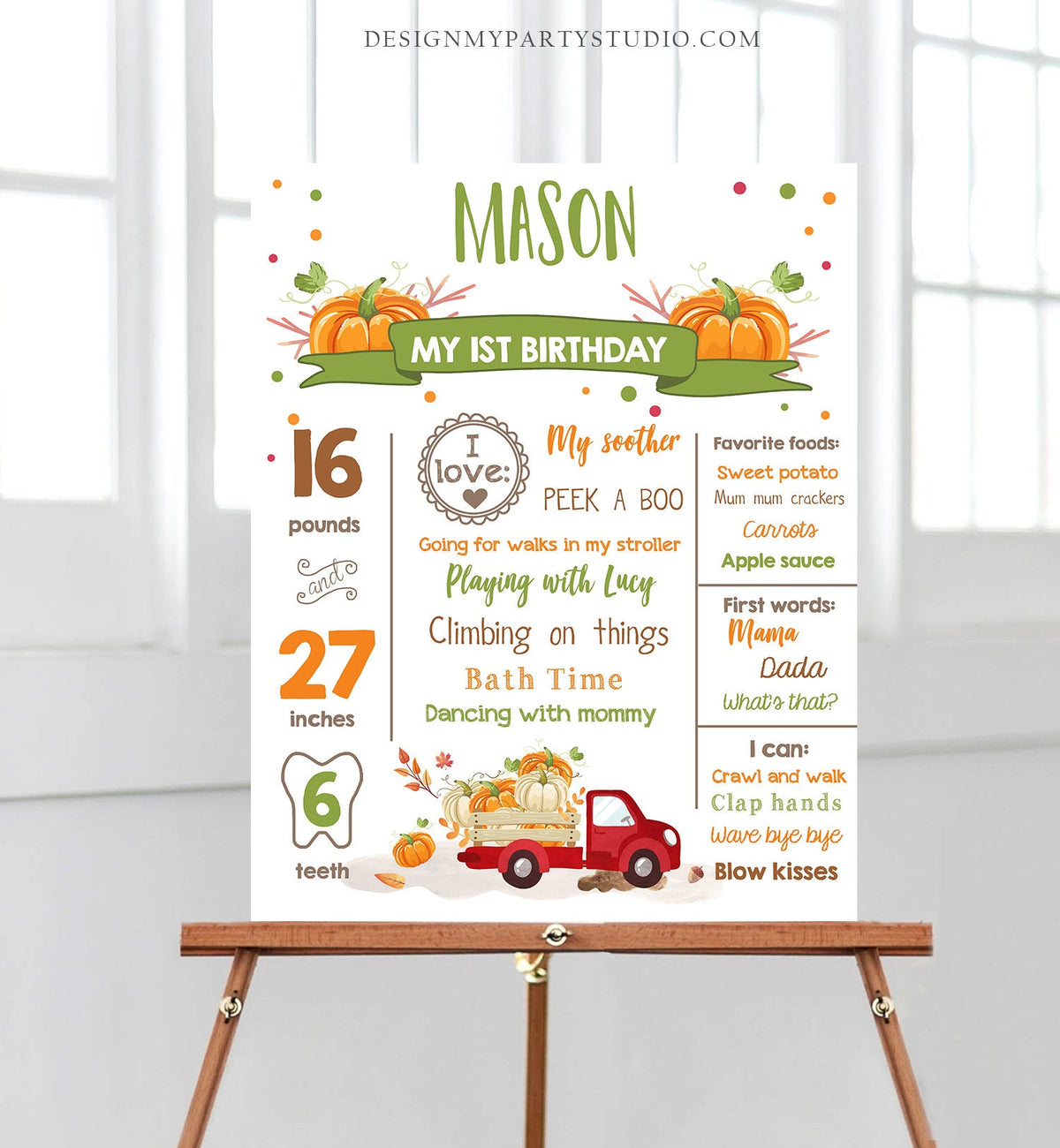 Editable Pumpkin Birthday Milestones Sign Pumpkin Truck Birthday First Birthday Boy Fall Red Green Autumn Download Template Printable 0153