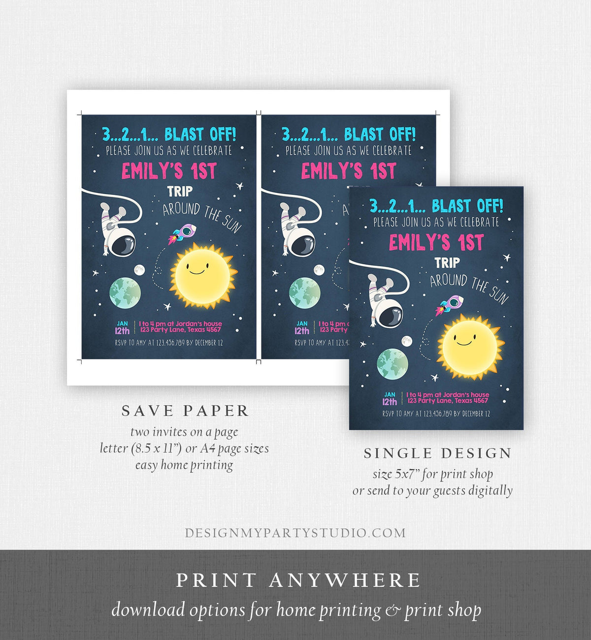 Editable Outer Space Birthday Invitation Girl Astronaut Galaxy First Birthday Around the Sun Download Printable Template Digital Evite 0046
