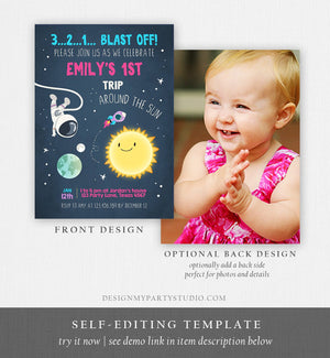 Editable Outer Space Birthday Invitation Girl Rocket Astronaut First Birthday Blast Off Download Printable Template Digital Corjl 0046