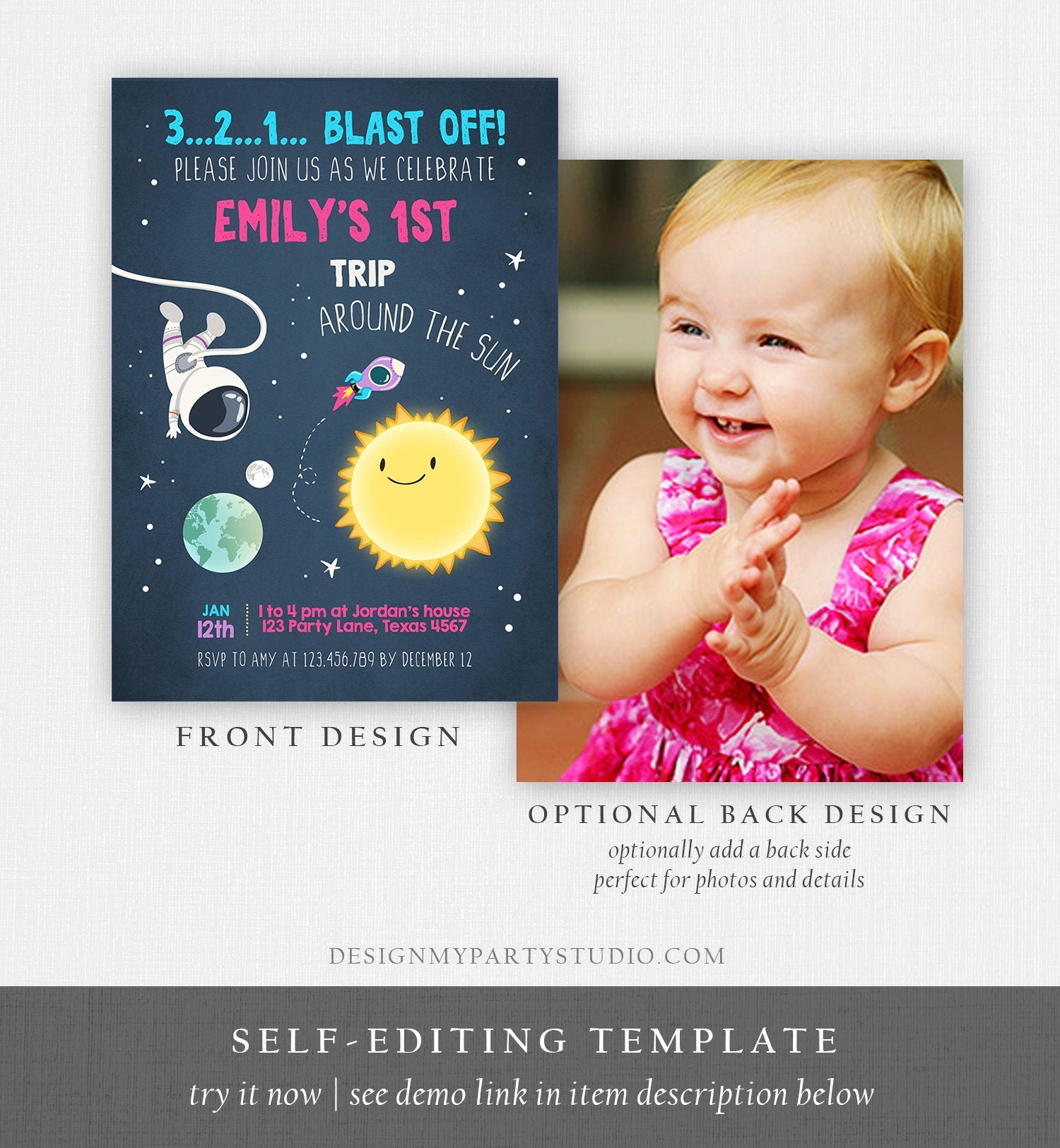 Editable Outer Space Birthday Invitation Girl Astronaut Galaxy First Birthday Around the Sun Download Printable Template Digital Evite 0046
