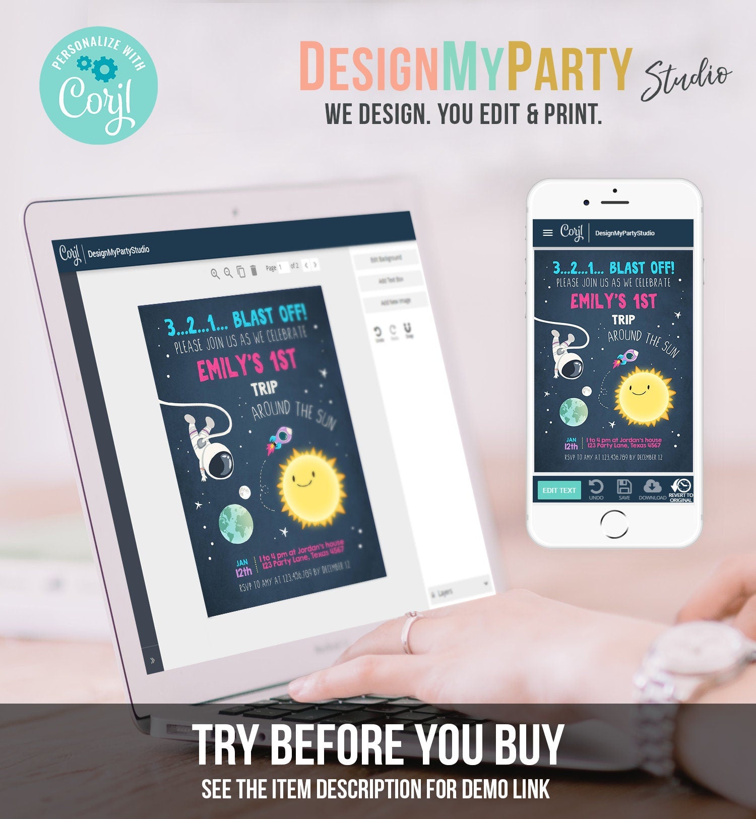 Editable Outer Space Birthday Invitation Girl Astronaut Galaxy First Birthday Around the Sun Download Printable Template Digital Evite 0046