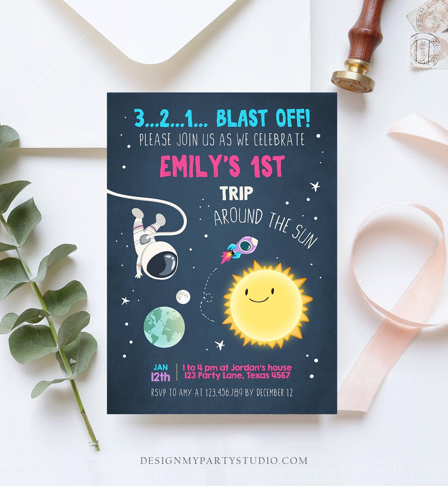 Editable Outer Space Birthday Invitation Girl Astronaut Galaxy First Birthday Around the Sun Download Printable Template Digital Evite 0046
