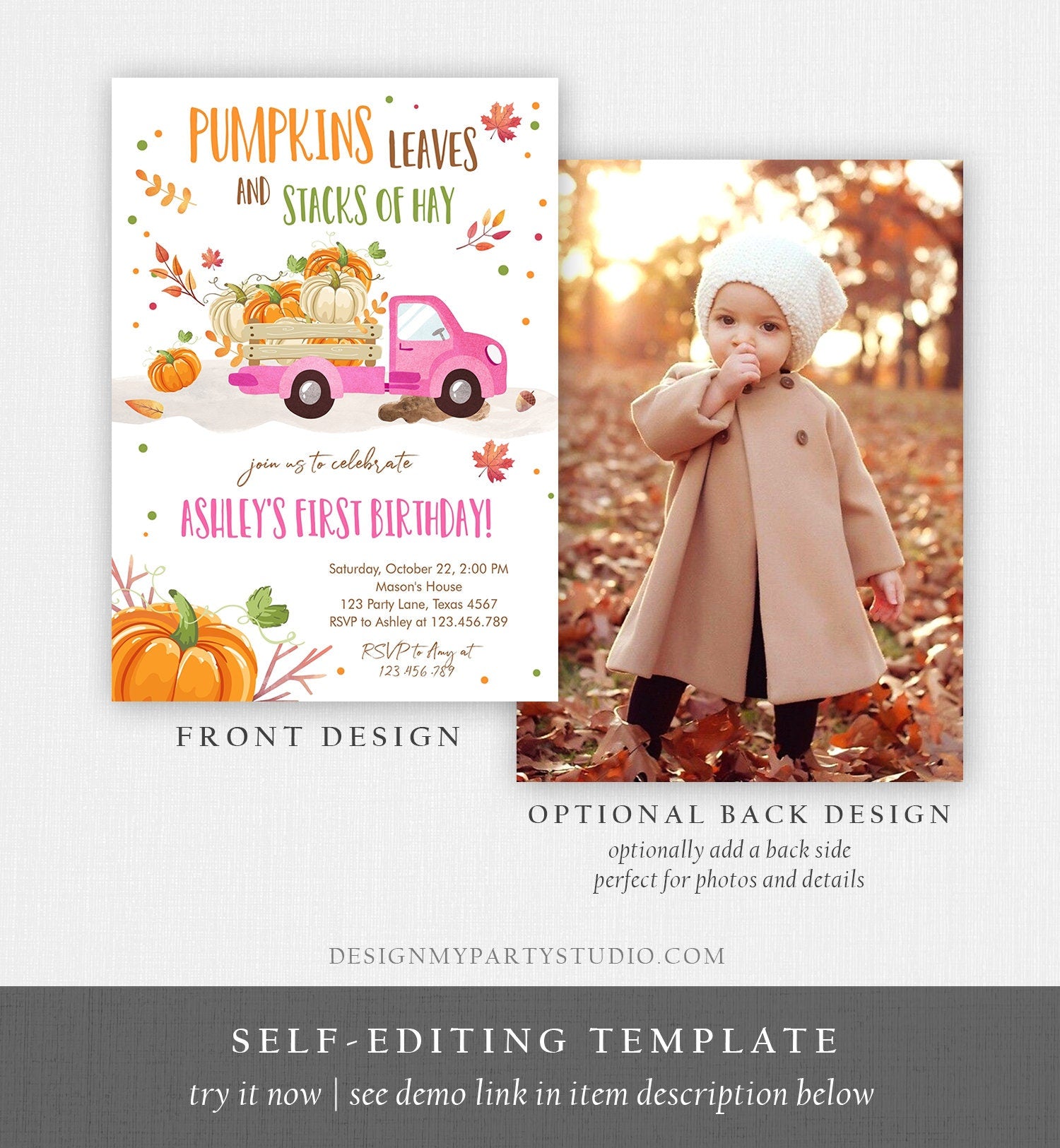 Editable Pumpkin Birthday Invitation Girls Fall Girl Pumpkin Truck Birthday Party Pink Orange Download Evite Template Corjl Printable 0153