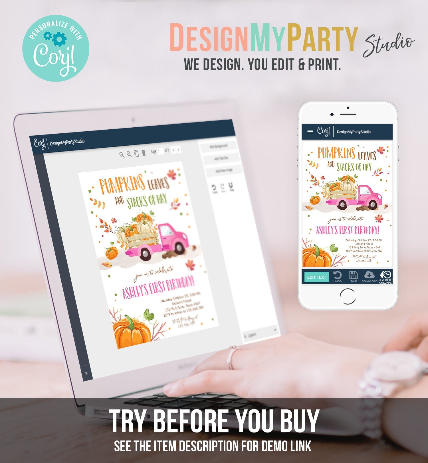 Editable Pumpkin Birthday Invitation Girls Fall Girl Pumpkin Truck Birthday Party Pink Orange Download Evite Template Corjl Printable 0153