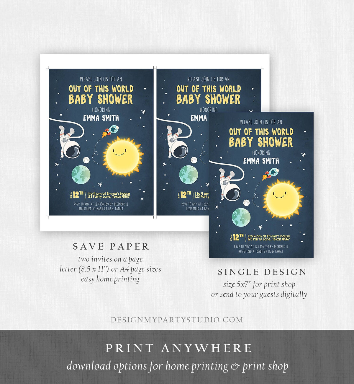 Editable Space Baby Shower Invitation Astronaut Rocket It&#39;s a Boy Out of This World Invitation Template Instant Download Corjl 0046