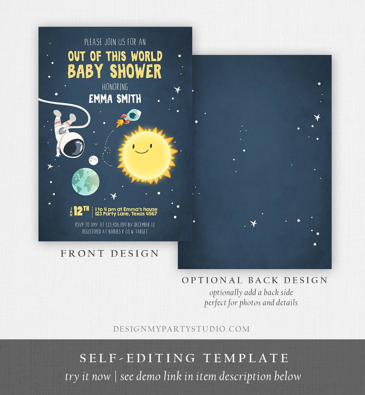 Editable Space Baby Shower Invitation Astronaut Rocket It&#39;s a Boy Out of This World Invitation Template Instant Download Corjl 0046