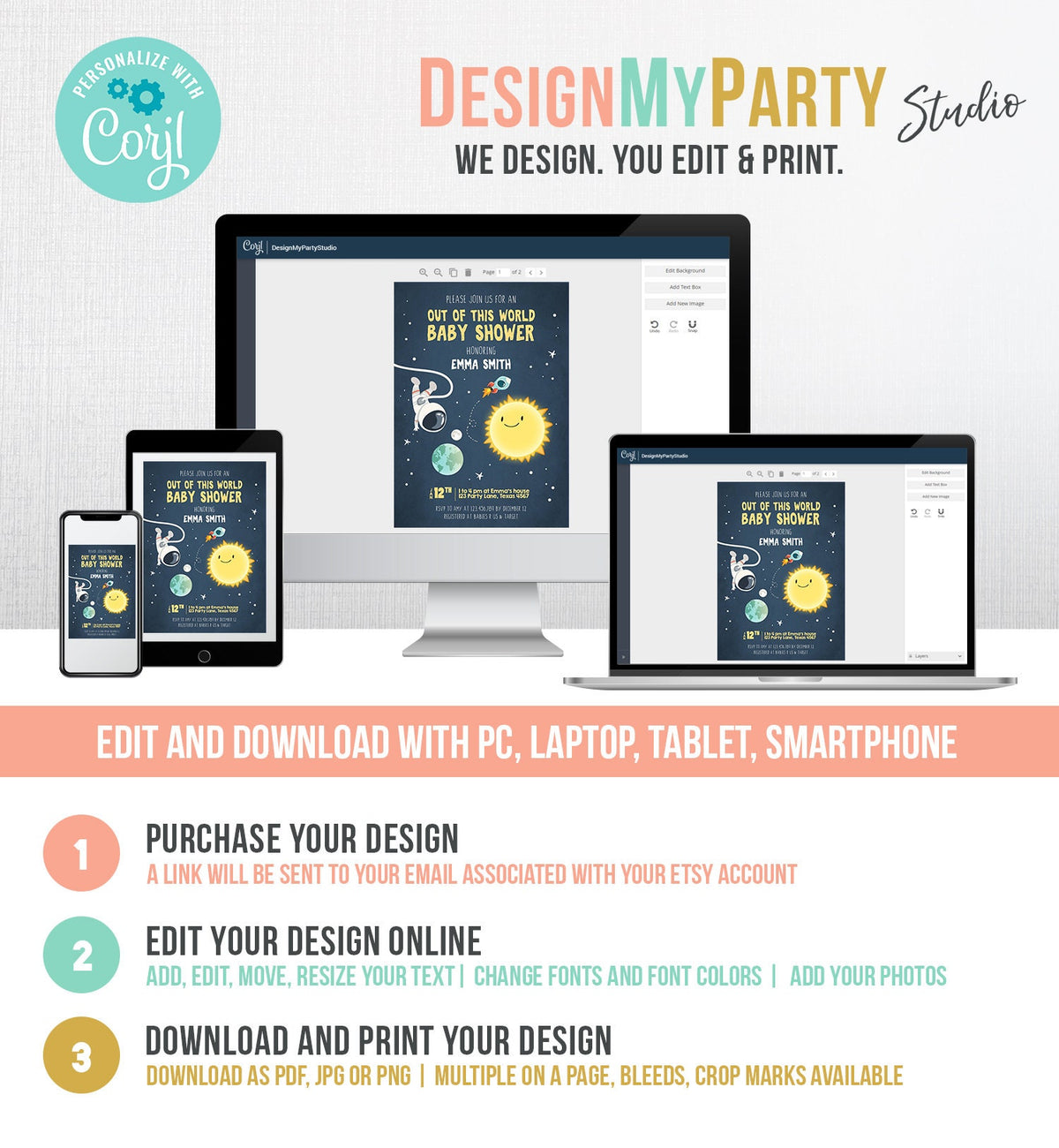 Editable Space Baby Shower Invitation Astronaut Rocket It&#39;s a Boy Out of This World Invitation Template Instant Download Corjl 0046