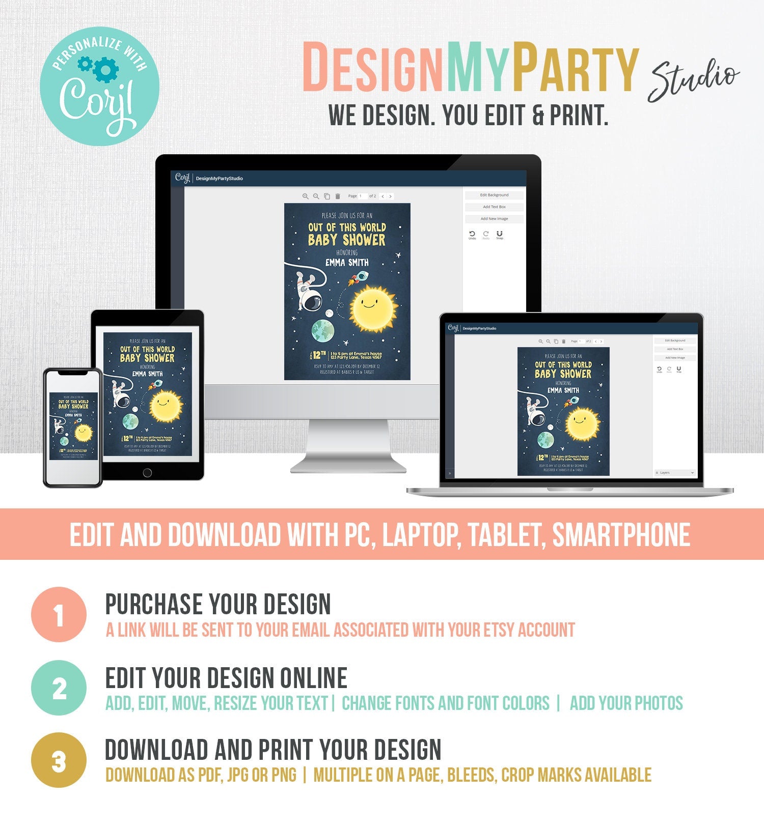 Editable Space Baby Shower Invitation Astronaut Rocket It's a Boy Out of This World Invitation Template Instant Download Corjl 0046