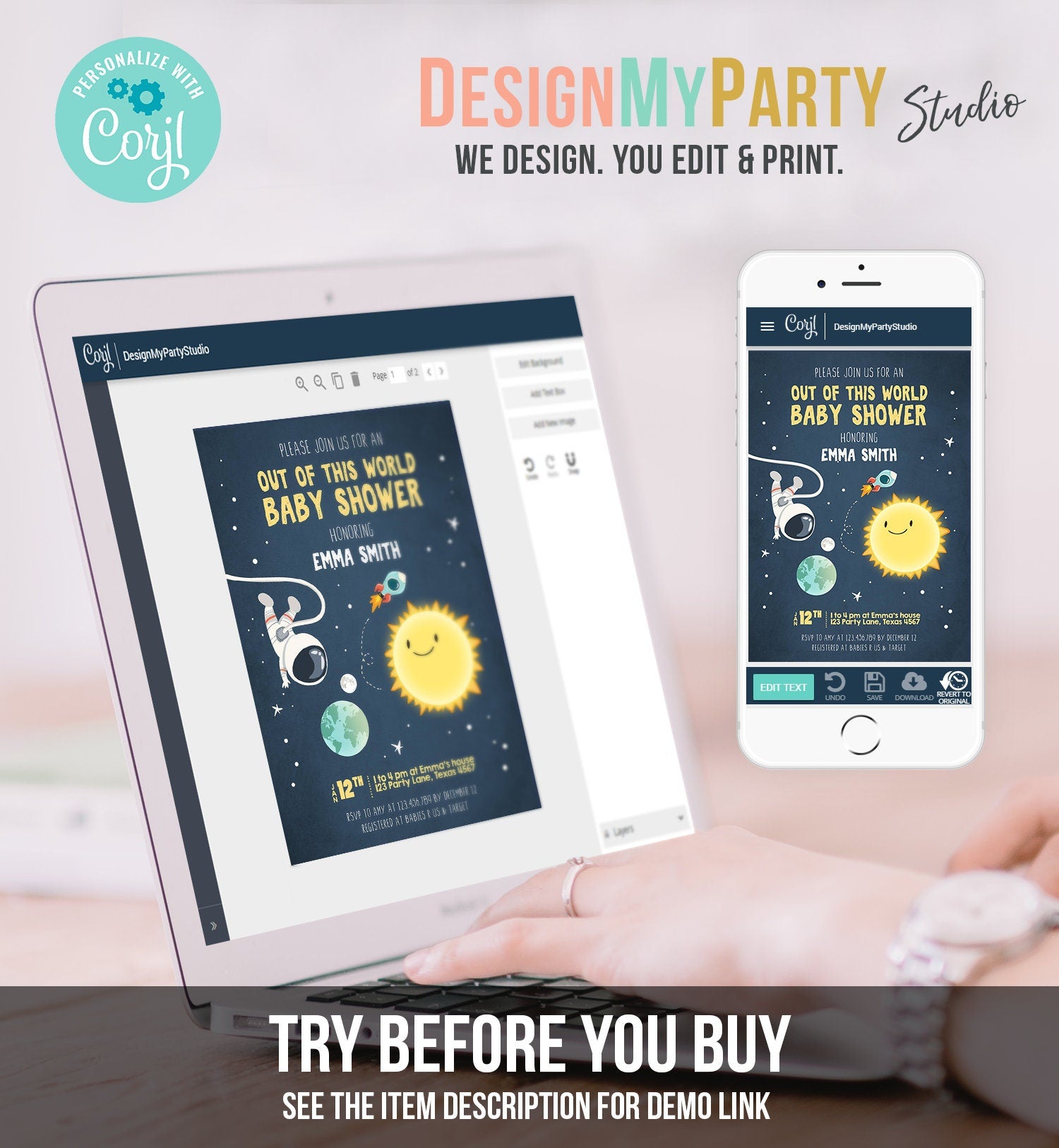 Editable Space Baby Shower Invitation Astronaut Rocket It's a Boy Out of This World Invitation Template Instant Download Corjl 0046