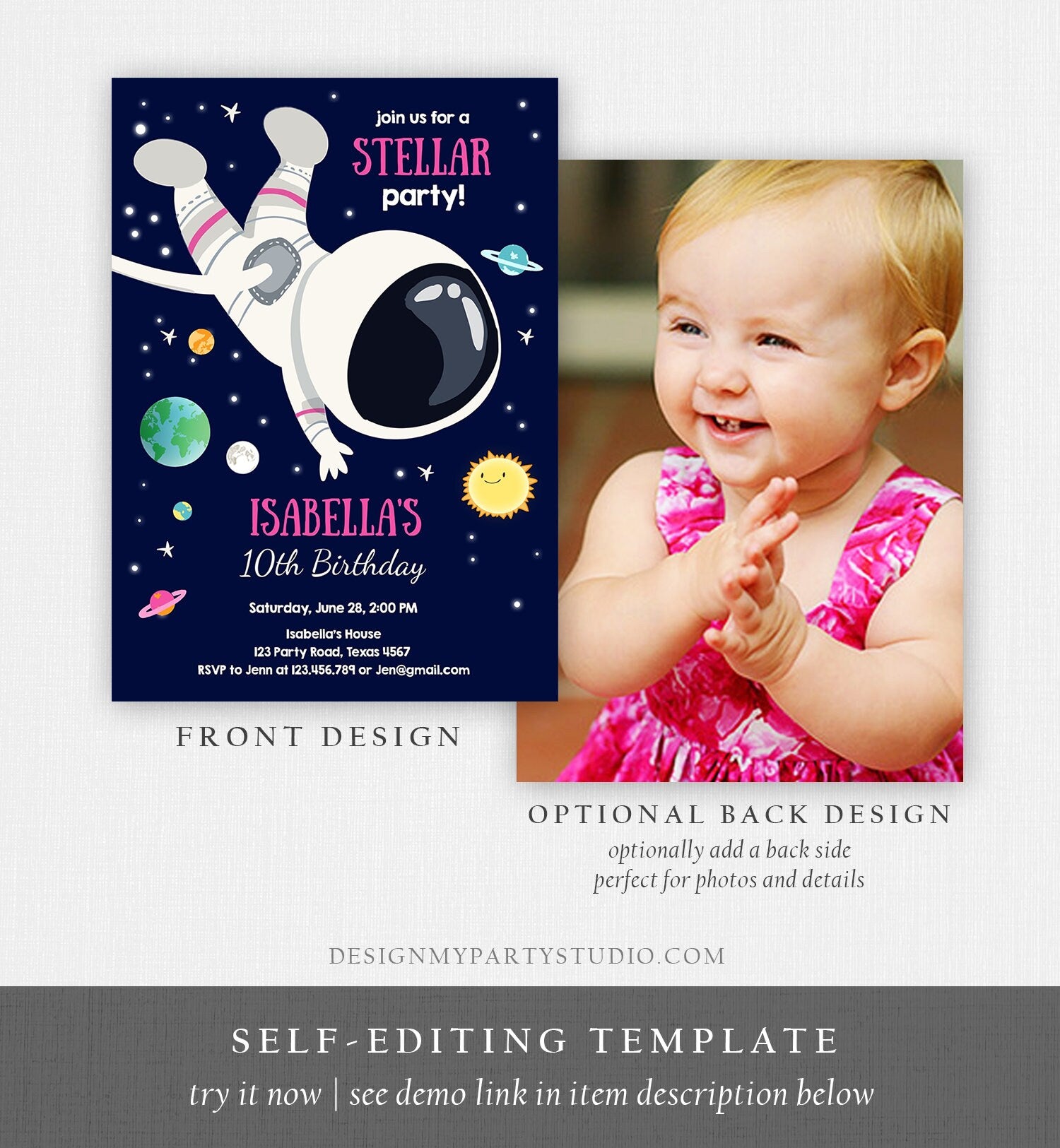 Editable Girl Space Birthday Party Invitation Outer Space Galaxy Planets and Stars Girly Digital Download Evite Template Printable 0259