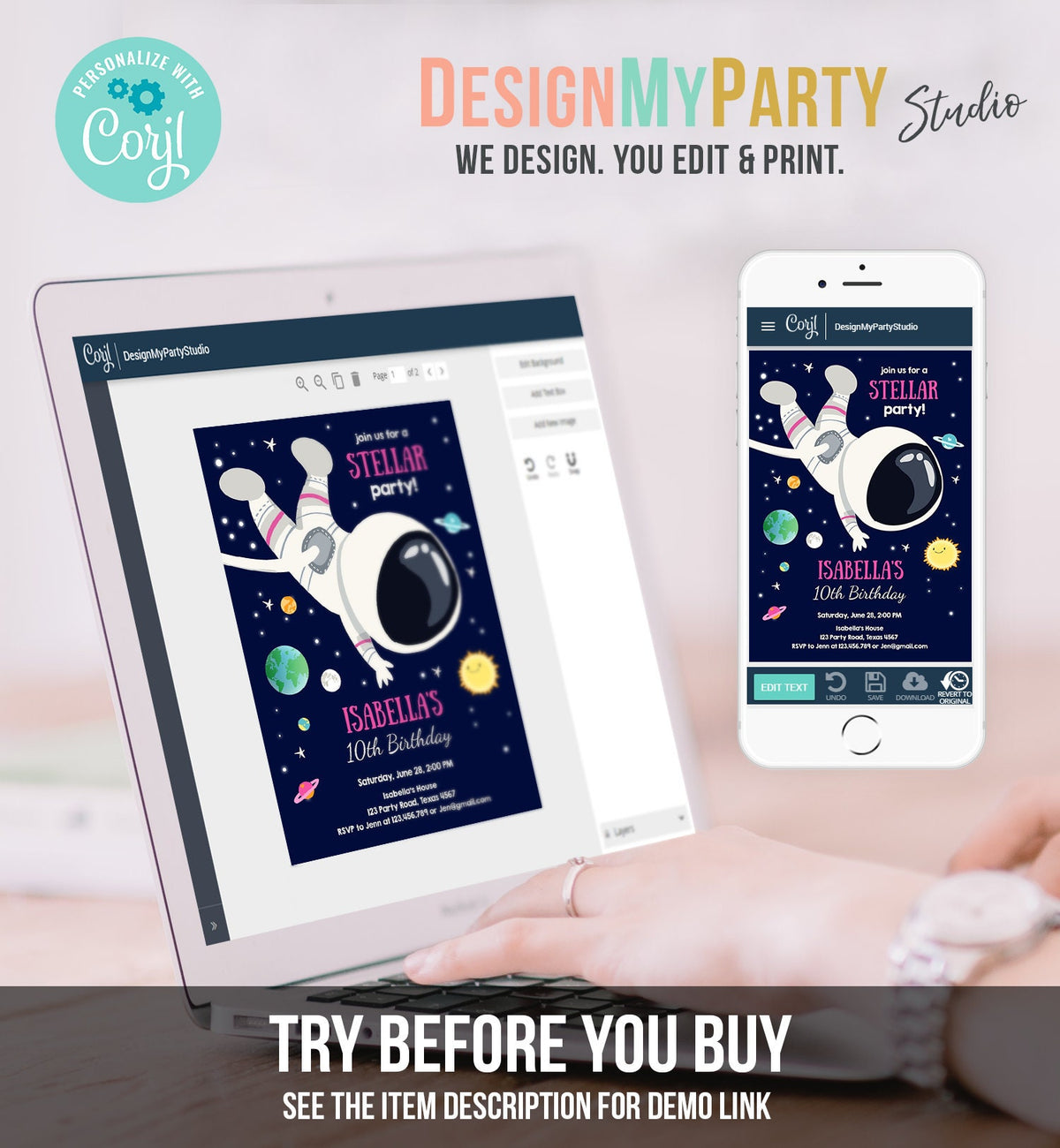 Editable Girl Space Birthday Party Invitation Outer Space Galaxy Planets and Stars Girly Digital Download Evite Template Printable 0259