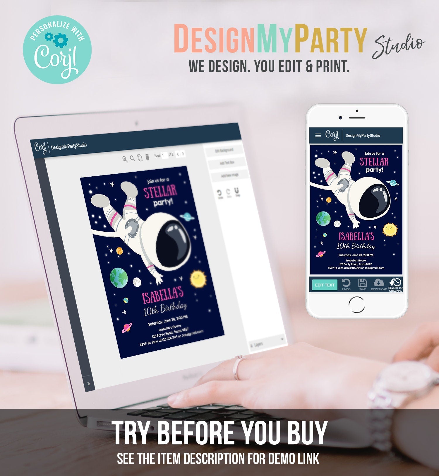 Editable Girl Space Birthday Party Invitation Outer Space Galaxy Planets and Stars Girly Digital Download Evite Template Printable 0259