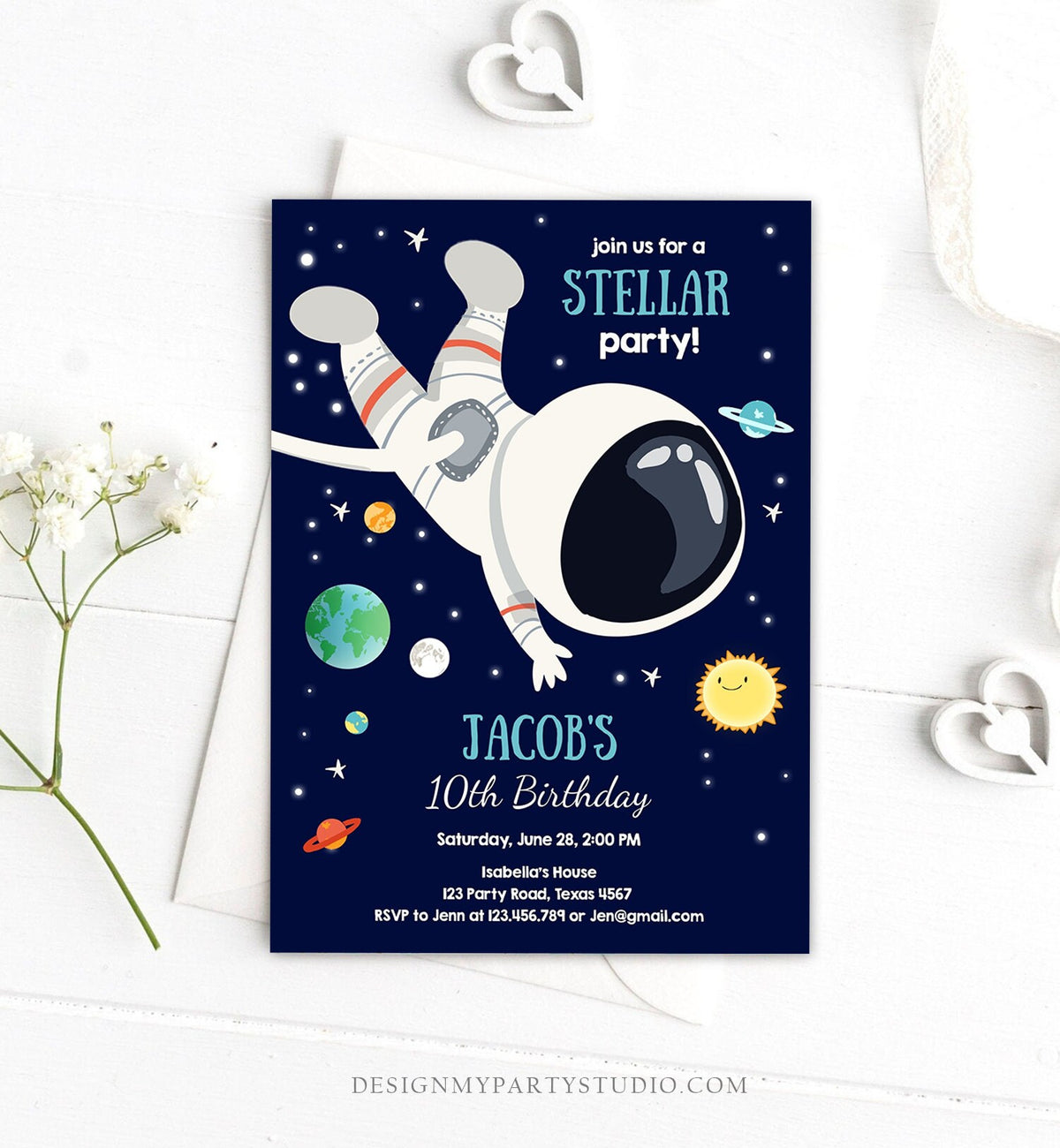 Editable Boy Space Birthday Party Invitation Outer Space Galaxy Planets and Stars Astronaut Digital Download Evite Template Printable 0259