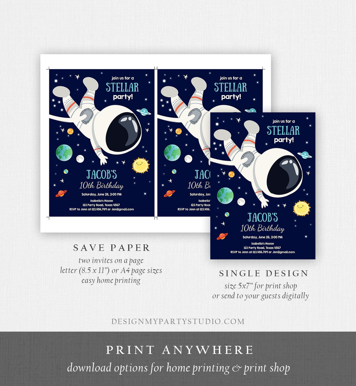 Editable Boy Space Birthday Party Invitation Outer Space Galaxy Planets and Stars Astronaut Digital Download Evite Template Printable 0259