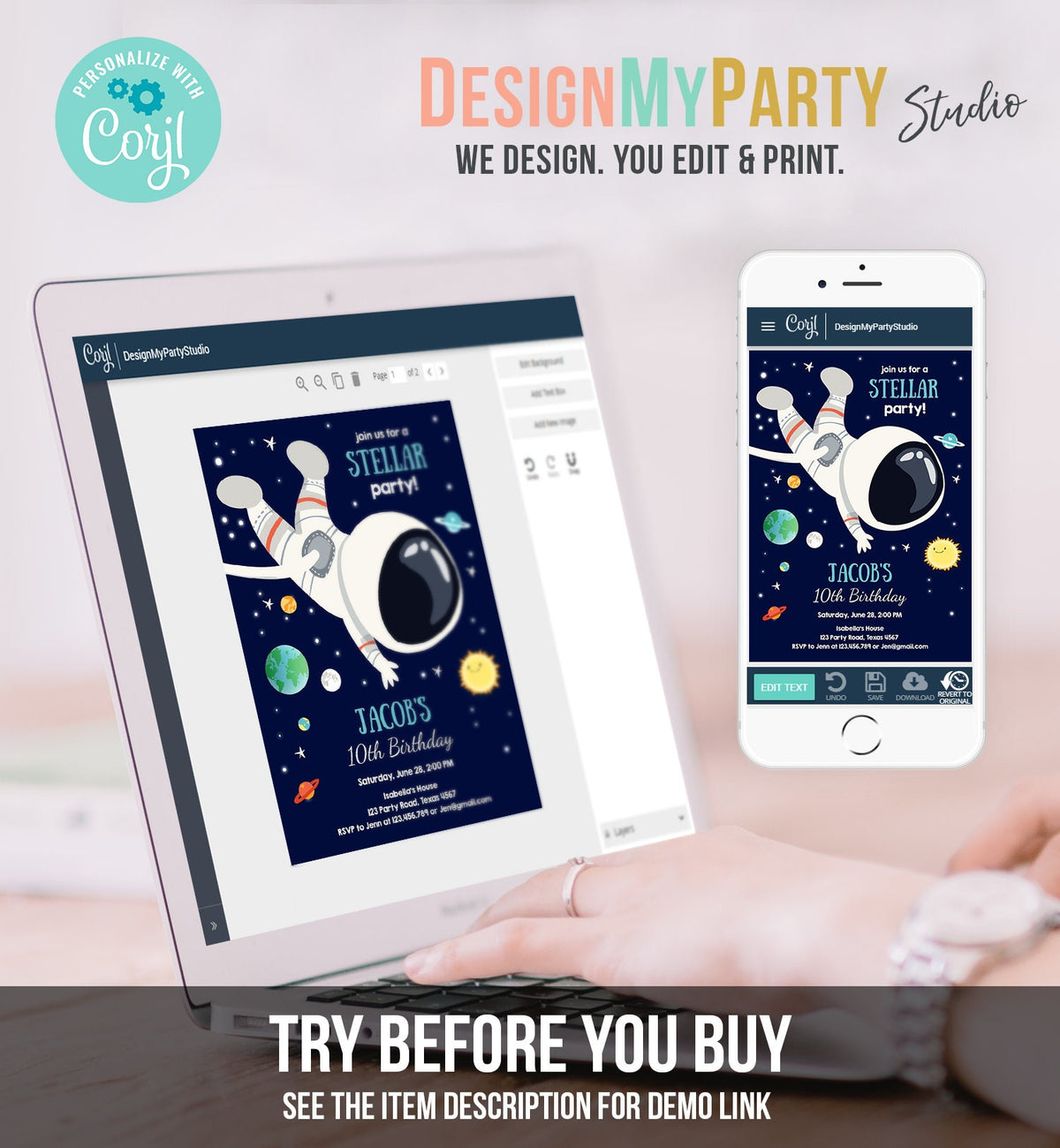 Editable Boy Space Birthday Party Invitation Outer Space Galaxy Planets and Stars Astronaut Digital Download Evite Template Printable 0259