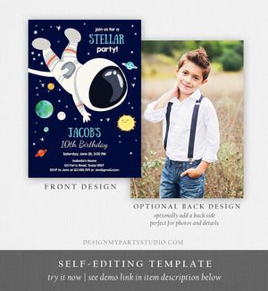 Editable Boy Space Birthday Party Invitation Outer Space Galaxy Planets and Stars Astronaut Download Printable Template Digital Corjl 0259