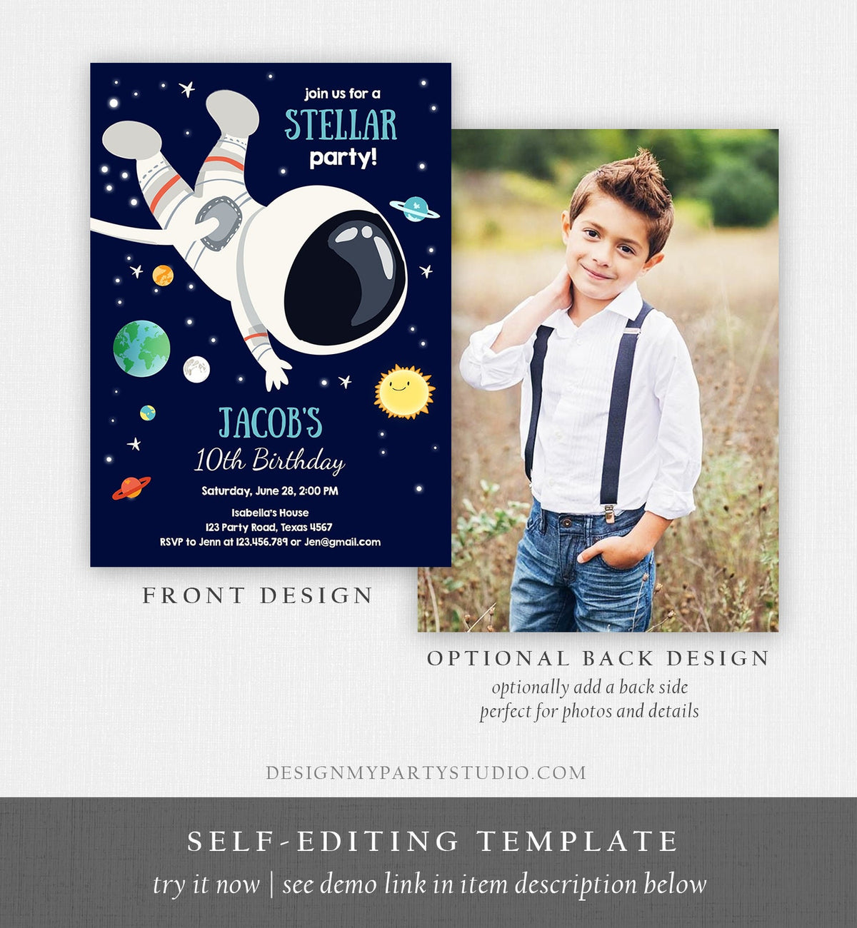 Editable Boy Space Birthday Party Invitation Outer Space Galaxy Planets and Stars Astronaut Digital Download Evite Template Printable 0259