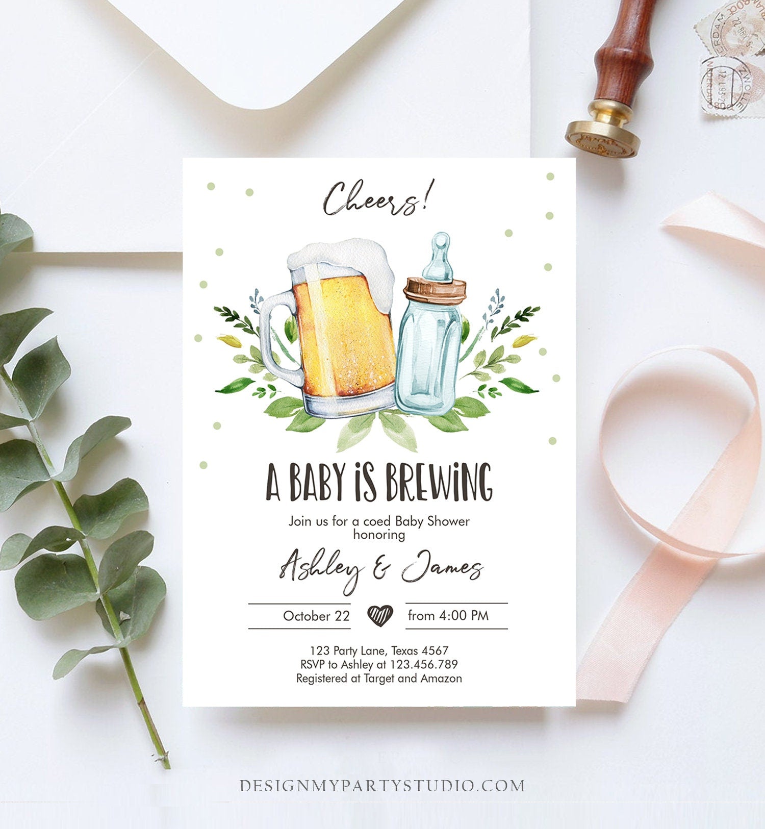 Editable A Baby is Brewing Invitation Bottle and Beers Baby Shower Cheers Coed Couples Shower Download Printable Template Corjl 0190