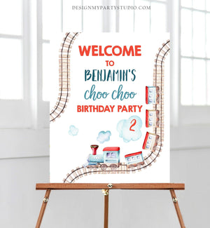Editable Train Birthday Welcome Sign Boy Train Party Railroad Vintage Train Sign Welcome Transportation Template PRINTABLE Corjl 0149