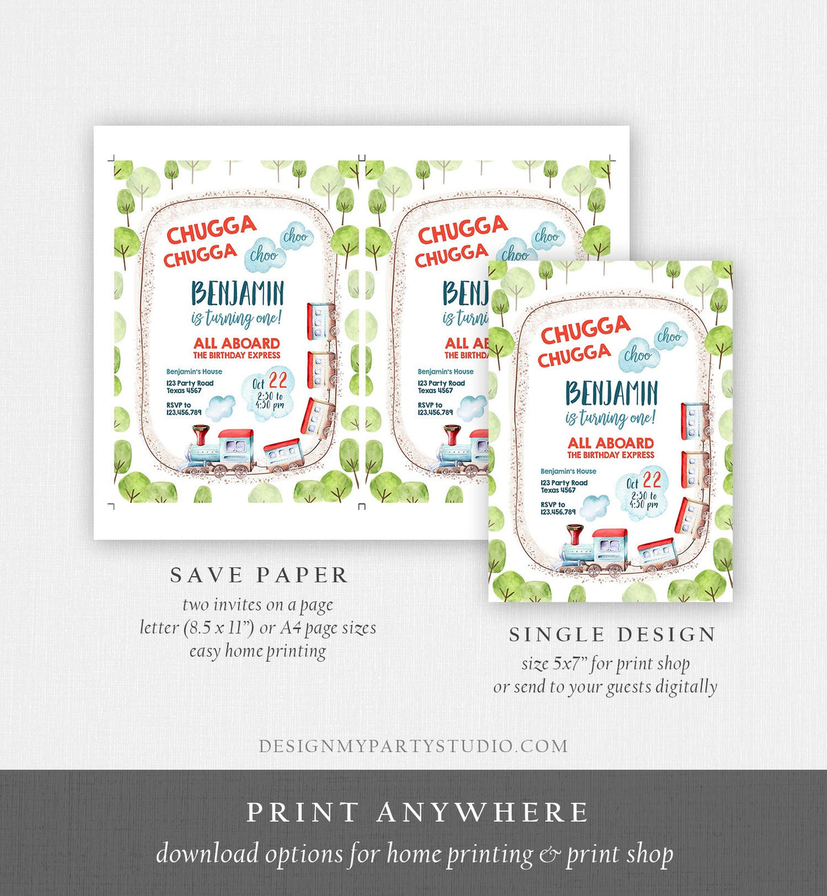 Editable Train Birthday Invitation Vintage Train Party Train Invitation Chugga Choo All Aboard Boy Download Printable Template Evite 0149