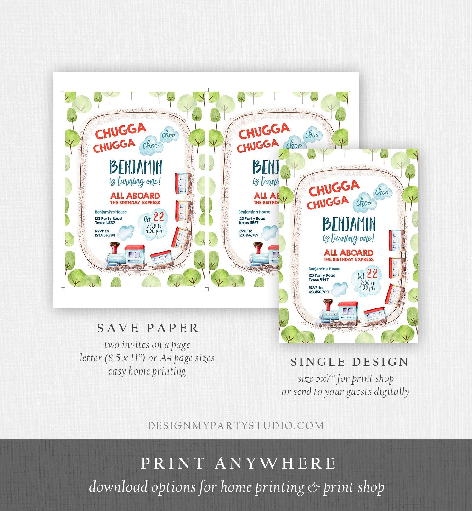 Editable Train Birthday Invitation Vintage Train Party Train Invitation Chugga Choo All Aboard Boy Download Printable Template Evite 0149