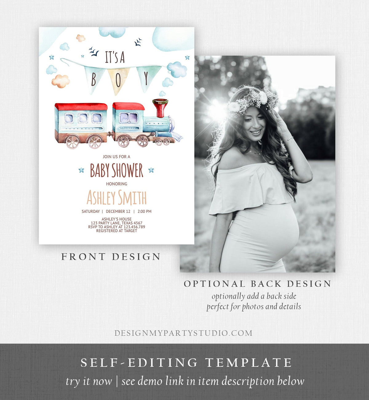 Editable Vintage Train Baby Shower Invitation Red Blue Vintage Chugga Chugga Choo Choo It&#39;s a Boy Clouds Digital Template Printable 0149