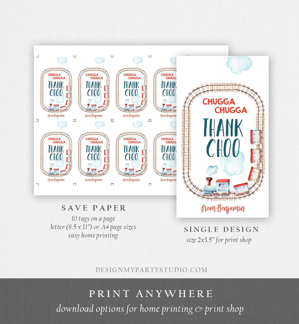 Editable Favor Tags Train Birthday Thank You Tags Vintage Train Party Chugga Choo Choo Thank Choo Red Blue Boy Template PRINTABLE Corjl 0149