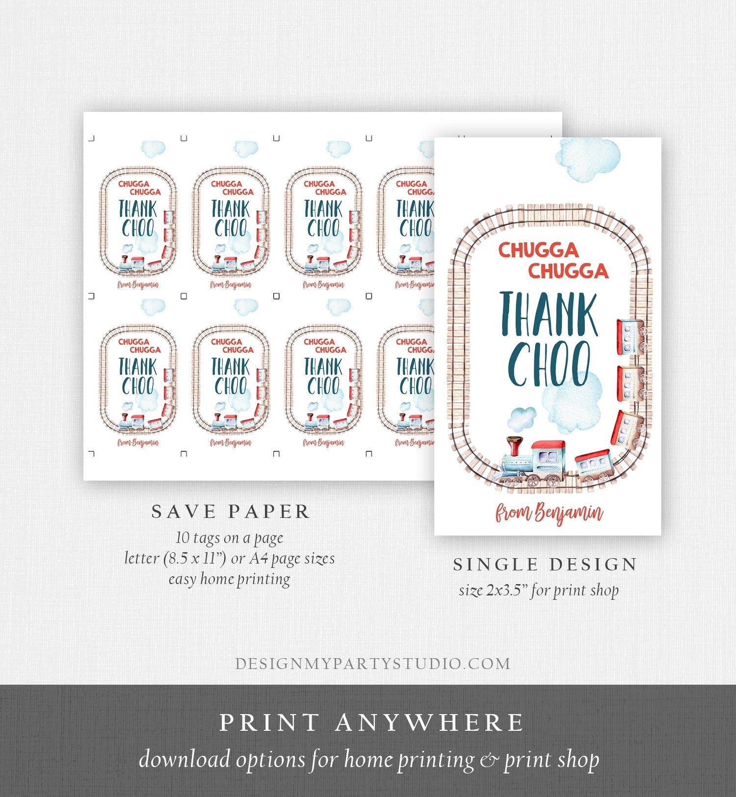 Editable Favor Tags Train Birthday Thank You Tags Vintage Train Party Chugga Choo Choo Thank Choo Red Blue Boy Template PRINTABLE Corjl 0149
