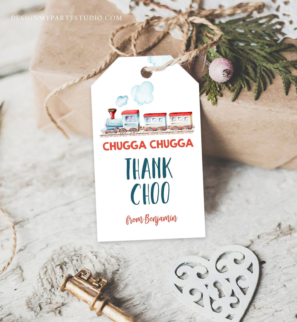 Editable Favor Tags Train Birthday Thank You Tags Vintage Train Party Chugga Choo Choo Thank Choo Red Blue Boy Template PRINTABLE Corjl 0149