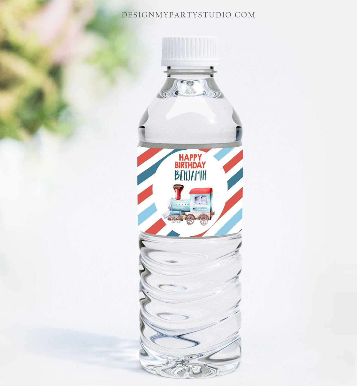 Editable Train Birthday Water Bottle Labels Boy Train Party Decor Red Bottle Wraps Railroad Transportation Printable Digital Template 0149