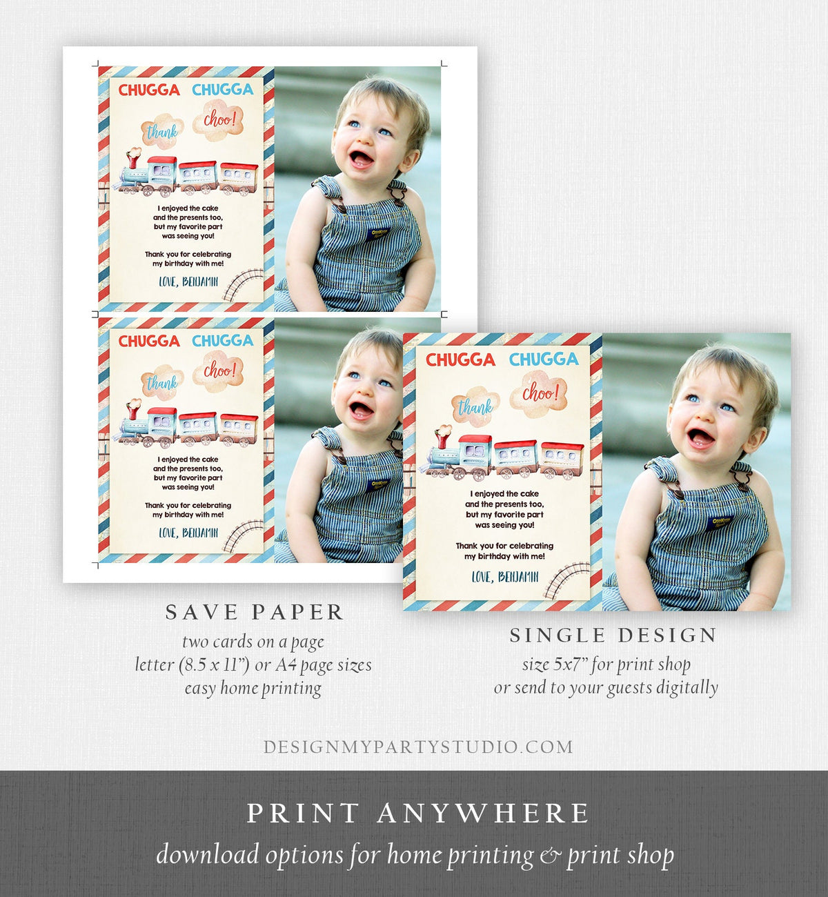 Editable Train Thank You Card Chugga Thank Choo Train Thanks Vintage Train Party Train Birthday Download Printable Template Corjl 0149