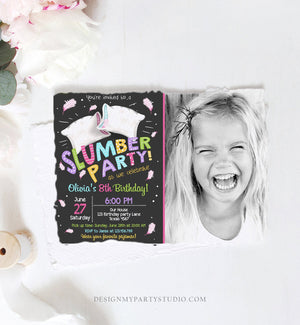 Editable Slumber Party Birthday Invitation Sleepover Pajamas Pillow Fight Photo Pink Girl Digital Download Printable Template Corjl 0067