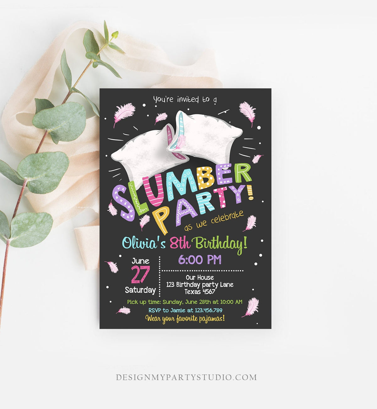 Editable Slumber Party Birthday Invitation Sleepover Pajamas Pillow Fight Chalk Pink Girl Digital Download Evite Template Printable 0067