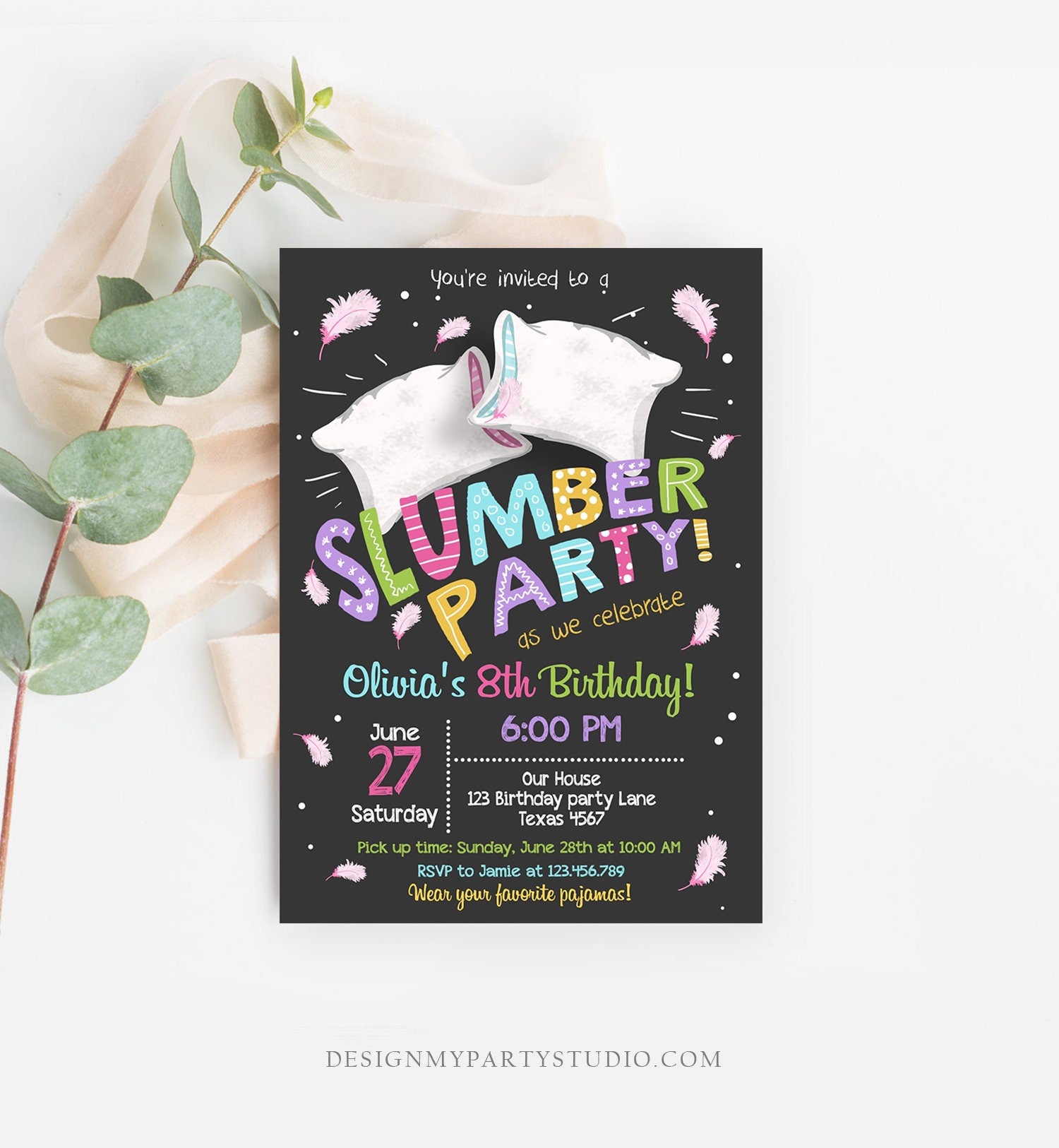 Editable Slumber Party Birthday Invitation Sleepover Pajamas Pillow Fight Chalk Pink Girl Digital Download Evite Template Printable 0067