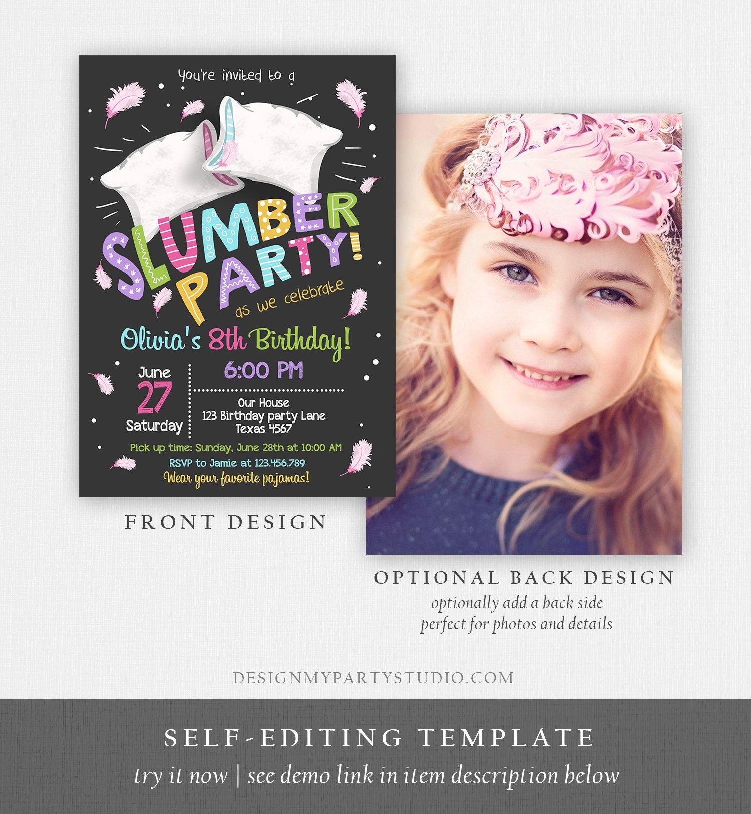 Editable Slumber Party Birthday Invitation Sleepover Pajamas Pillow Fight Chalk Pink Girl Digital Download Evite Template Printable 0067