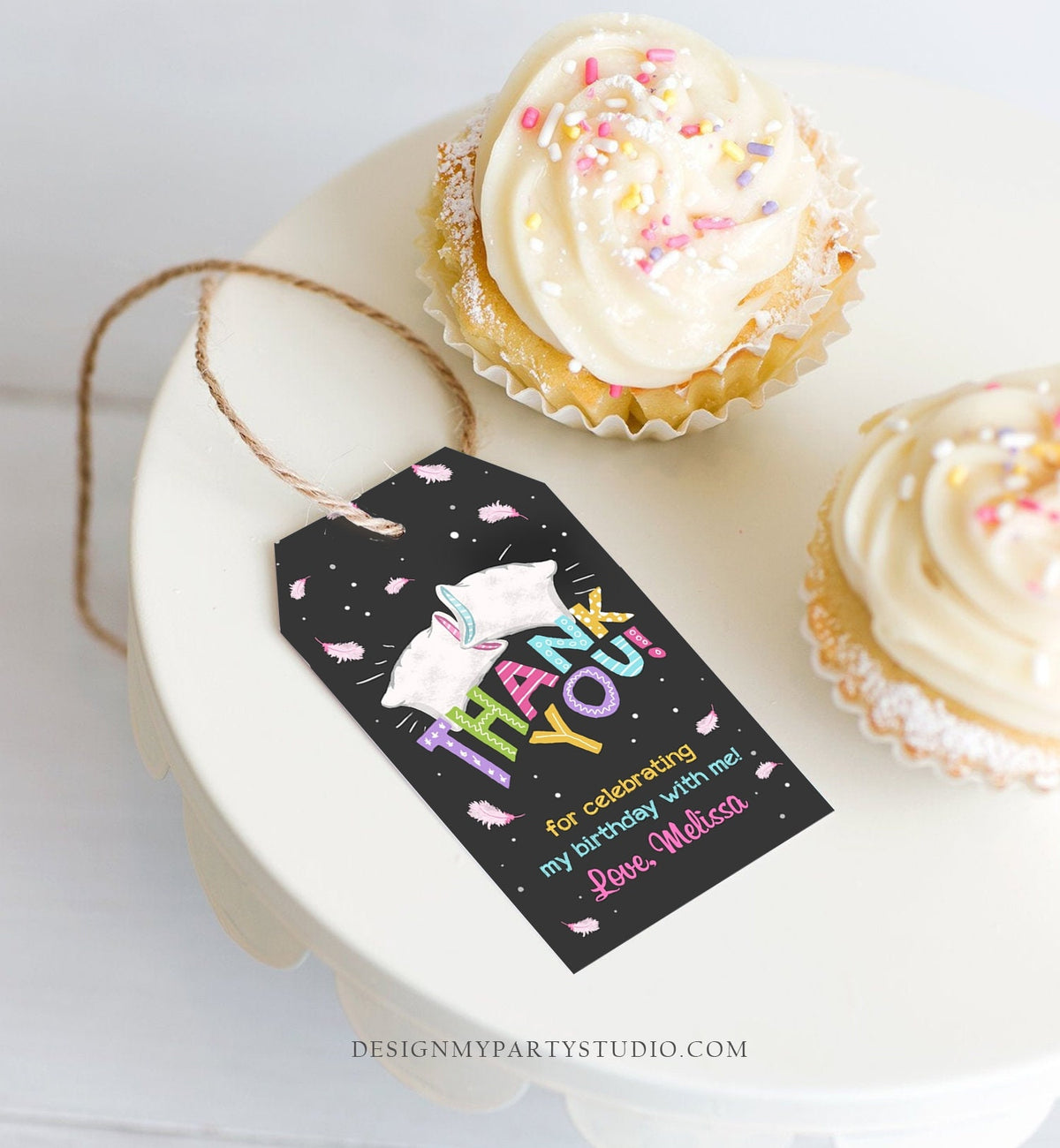 Editable Slumber Party Birthday Thank You Favor Tags Sleepover Slumber Party Feathers Pink Girl Pajamas Template Printable Corjl 0067